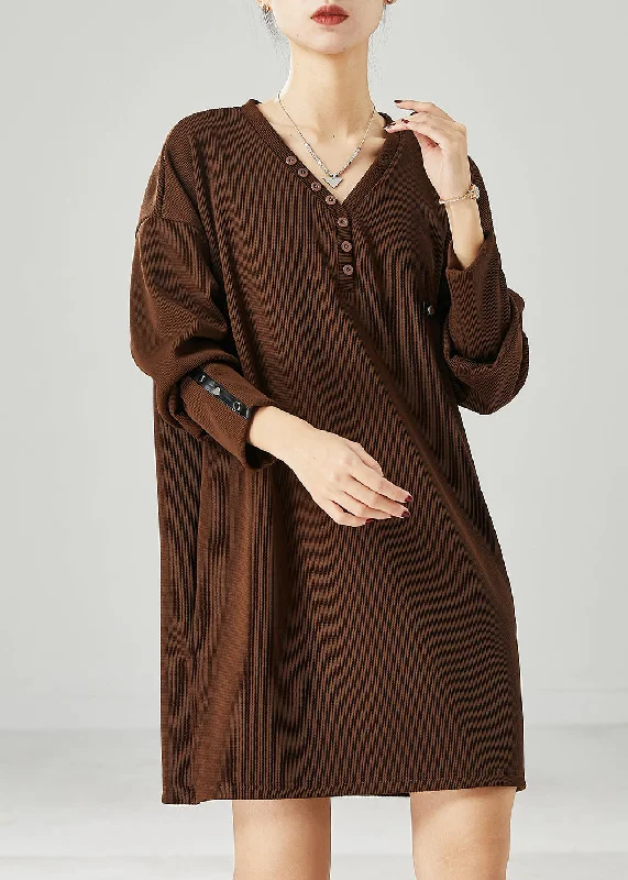 Women's Night-Out Clothes Modern Brown V Neck Cotton Sweatshirt Dress Spring