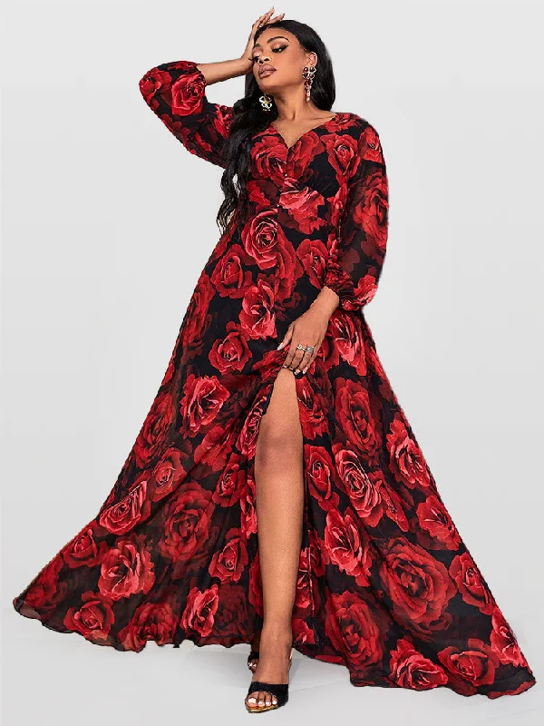 Casual Chic Clothing For Women Floral Print Lantern Sleeve Split Bridesmaid Dresses