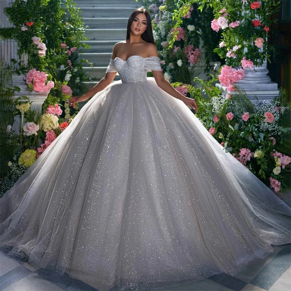 Women's Sporty Clothes Princess Wedding Dress Ball Gown Glitter Tulle Sweetheart Bride Dresses Robe De Mariee Off The Shoulder Bridal Gowns Custom Made