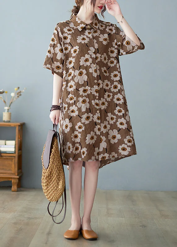 Boutique Dress Online Modern coffee Button Stand Collar Floral Print Party Dress Half Sleeve Boutique Dress Online Modern coffee Button Stand Collar Floral Print Party Dress Half Sleeve