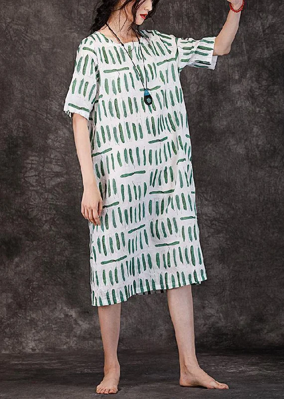 Women's Vintage-Inspired Clothing Women o neck pockets linen clothes Wardrobes green striped Dresses summer