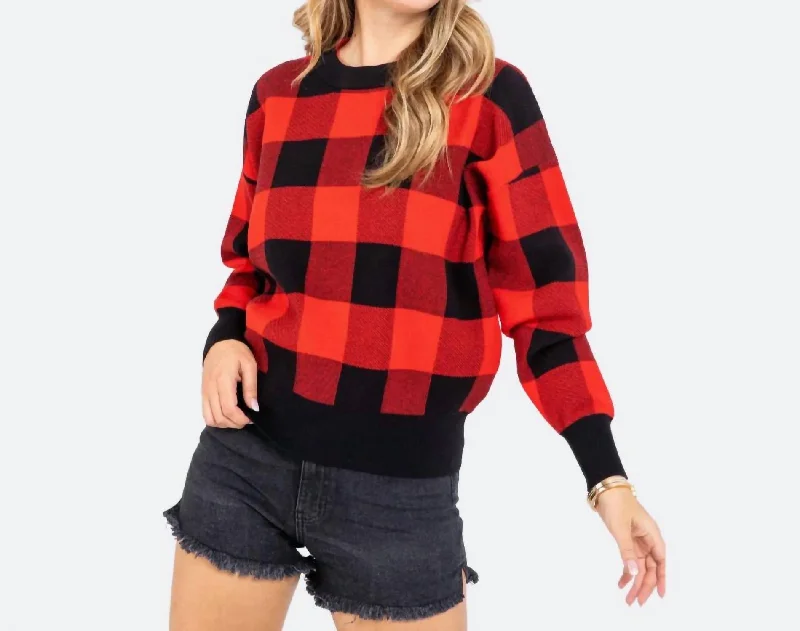 Women's Clothing For Travel Gingham Check Knit Sweater In Red/black