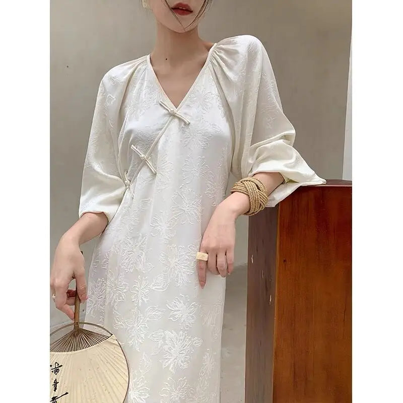 Women's Occasion Wear Clothing New Chinese Style Lantern Sleeved Spring Summer Casual Midi Dress