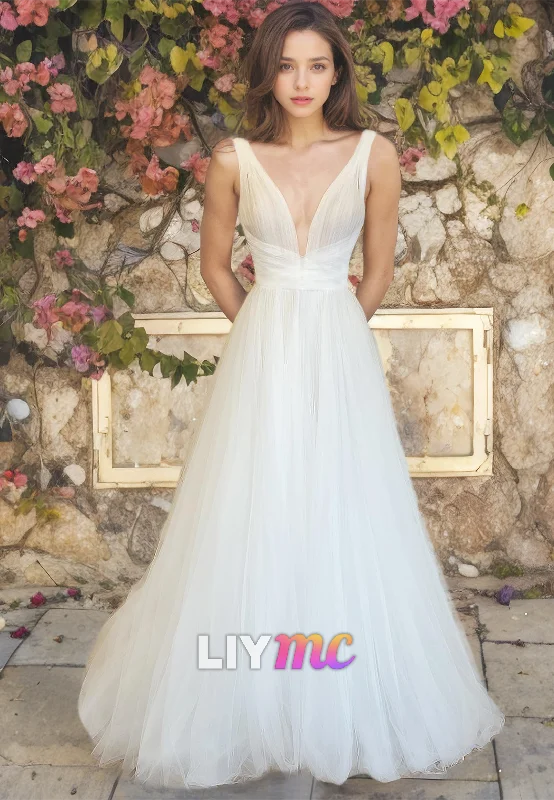 Women's Clothing For Holiday Travel V-Neck Sleeveless Tulle A-Line Wedding Dress