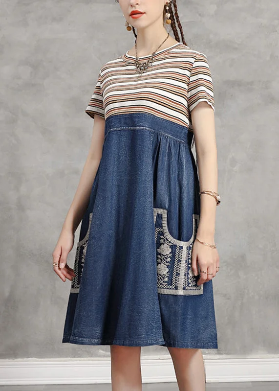 Fashion Frontiers Casual Blue O-Neck Striped Knit Patchwork Denim Mid Dress Short Sleeve Fashion Frontiers Casual Blue O-Neck Striped Knit Patchwork Denim Mid Dress Short Sleeve