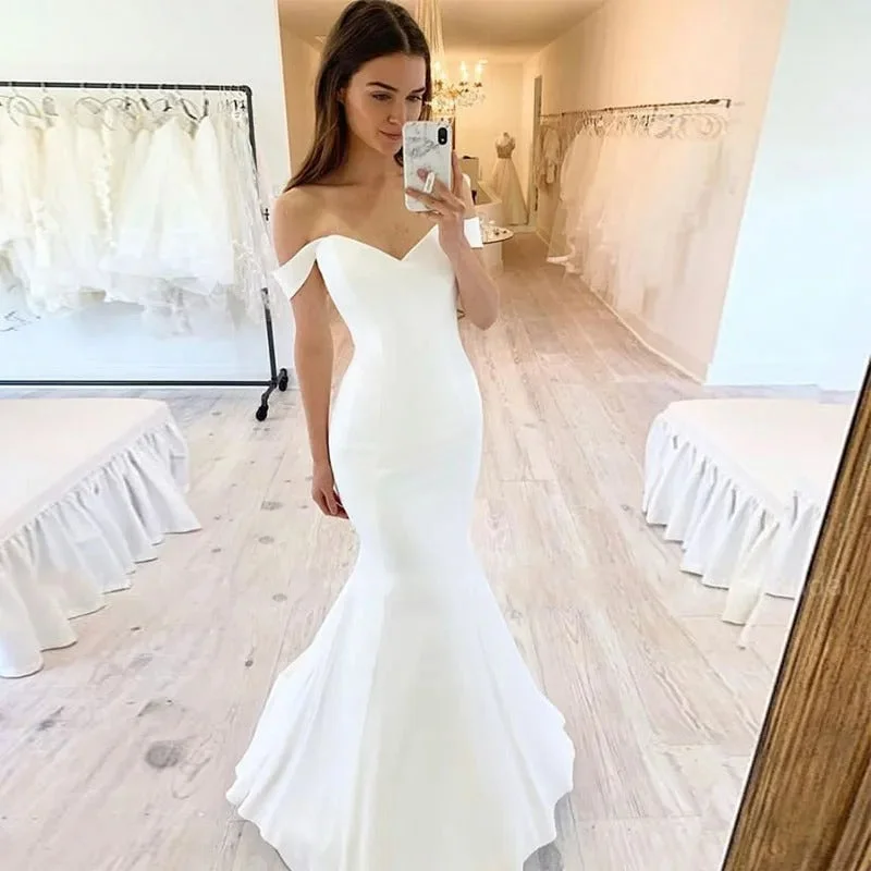 Women's Casual Wear Clothing Off The Shoulder Soft Satin Mermaid Wedding Dresses For Women  Bride Gown Vestido De Novia Simple Suknia Ślubna Robe Mariage