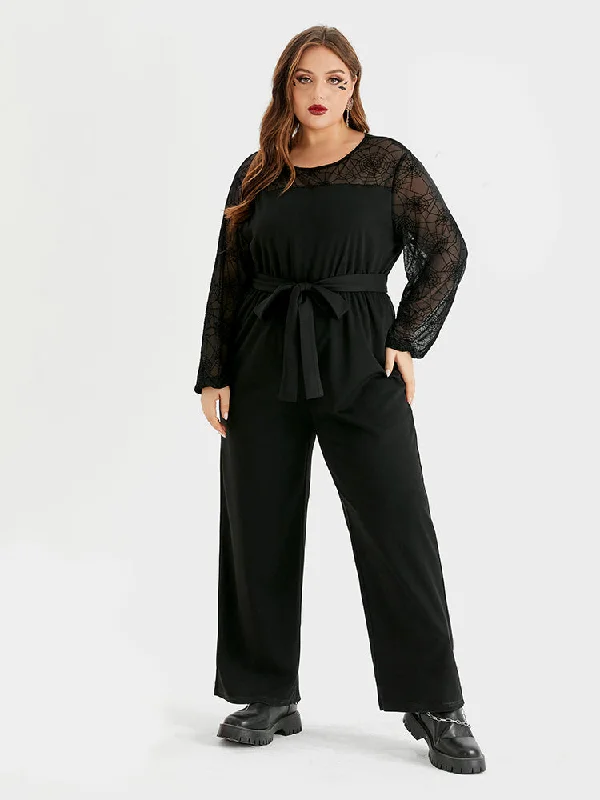 Seasonal Women's Fashion Trends Halloween Spider Web Print Belted Jumpsuit