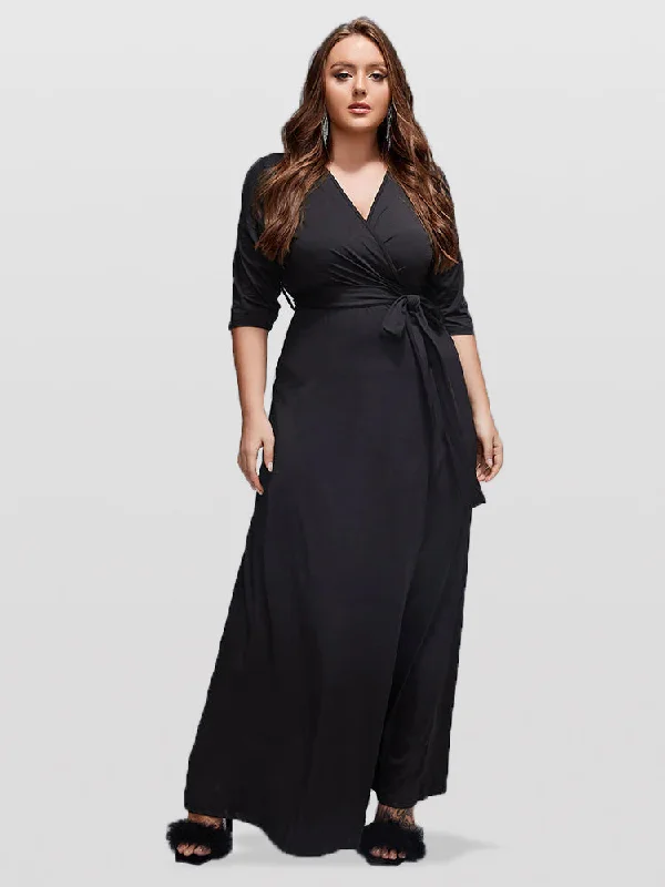 Fashionable Women's Clothes Plus V-Neck Tie Front Maxi Dress