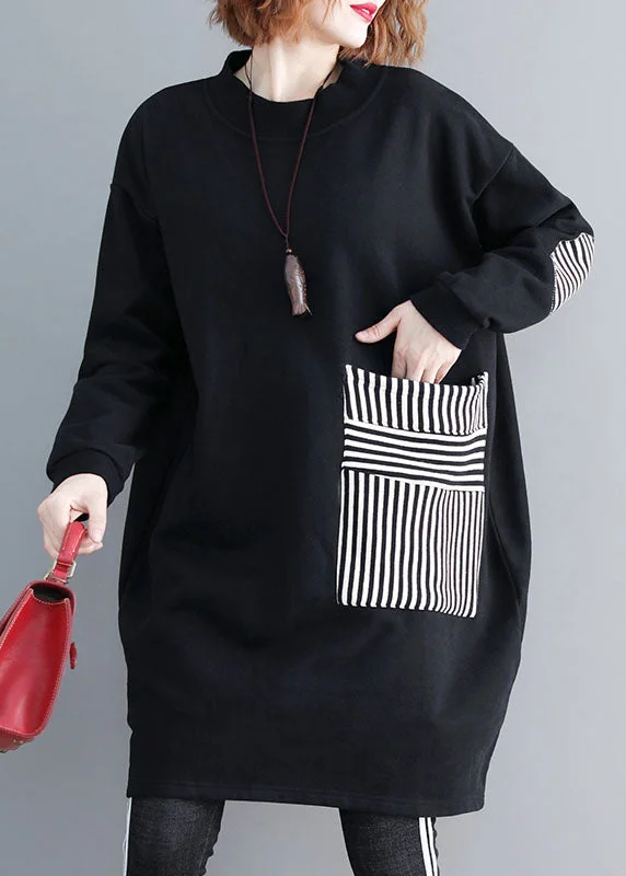 Women's Outerwear Clothing Elegant Black O-Neck Striped Patchwork Mid Dress Long Sleeve