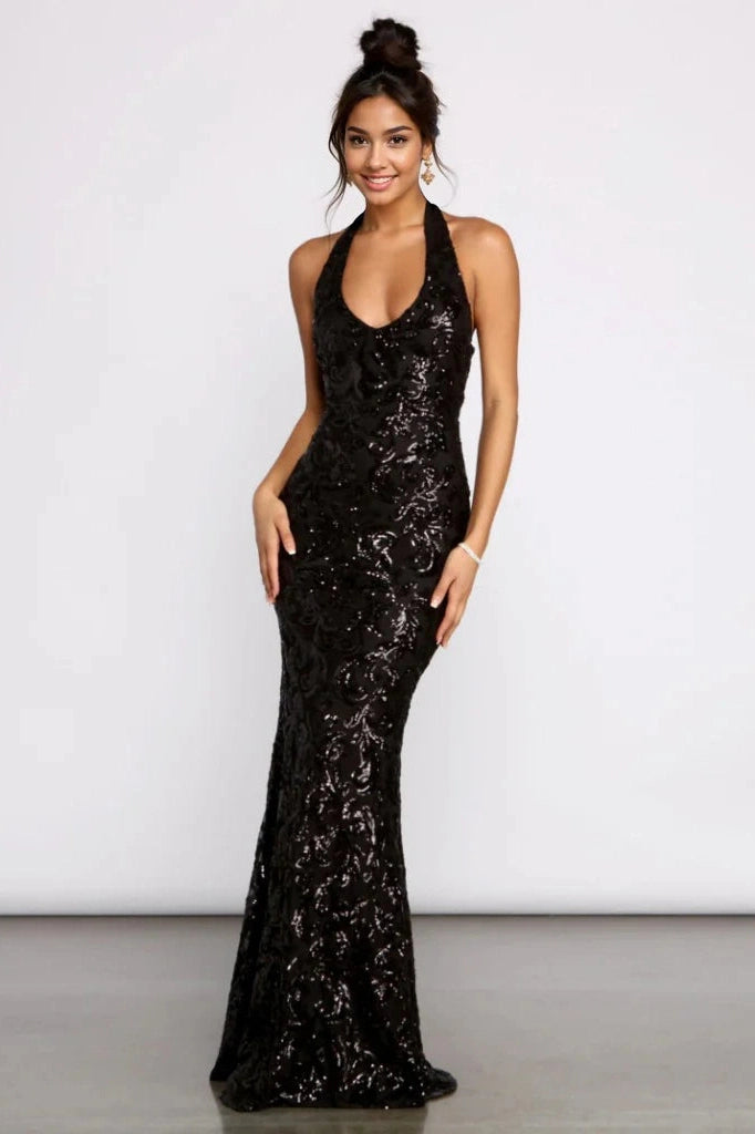 Women's Trendy Clothing Haven Formal Sequin Scroll Halter Dress