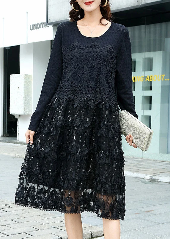 Women's Clothing For Work Modern Black Knit Patchwork Hollow Out Vacation Dresses Fall