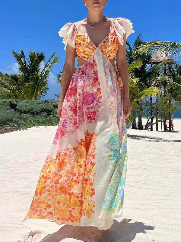 Classic Clothes For Women Floral Frill Cutout Charming Back Tie-Up Maxi Dress