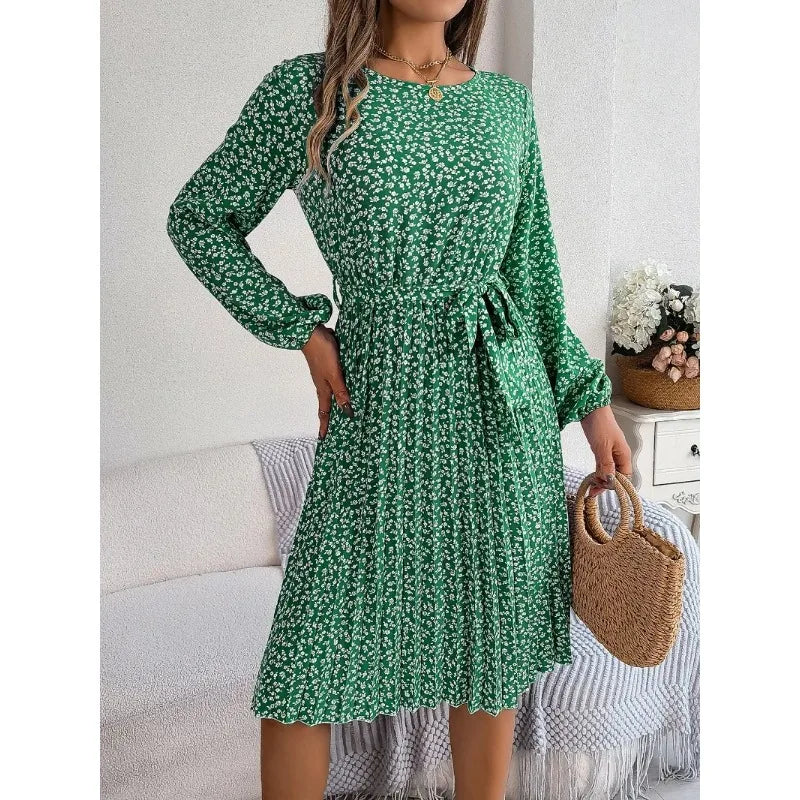 Women's Vintage Clothes Elegant Floral Print Full Lantern Sleeves Lace up Pleated Midi Dress