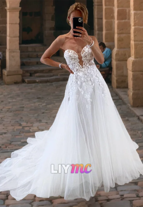 Women's Party Clothes Sweetheart Sleeveless Appliques Tulle Ball Gown Wedding Dress