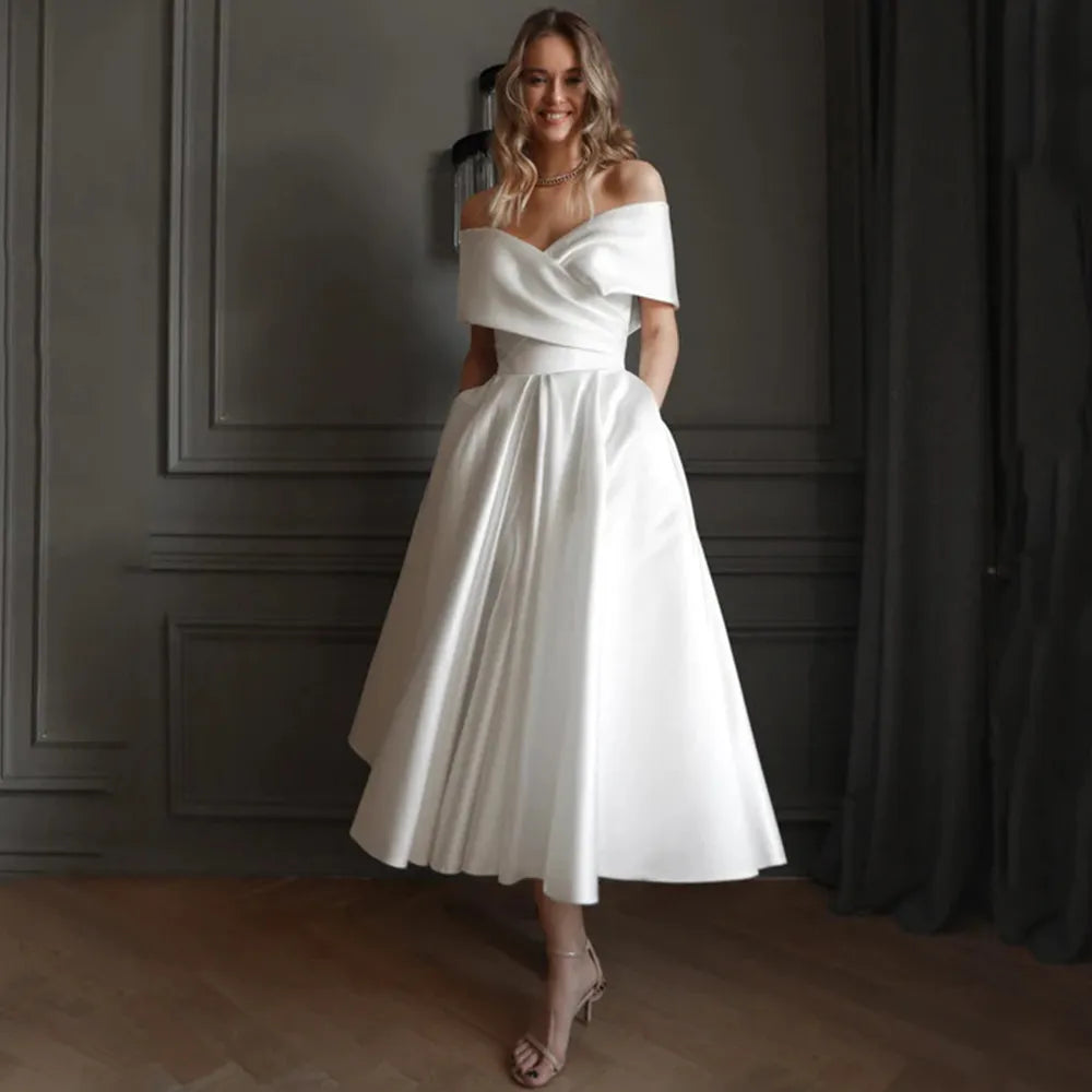 Women's Vintage Clothes Satin Off the Shoulder Wedding Dress Pleat A-Line Mid-Calf Bridal Lace Up Dresses with Pocket Sexy Back Civil Bride Custom Gown