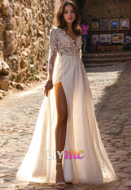 Women's Clothing For Travel V-Neck Long Sleeves Appliques A-Line Boho Wedding Dress