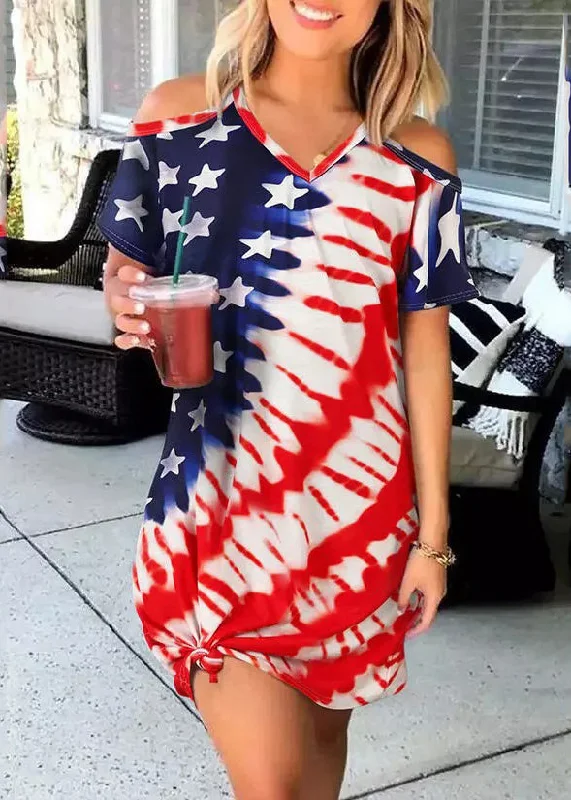 Women's Holiday Clothing Sexy Red Blue V Neck Independence Day Print Off The Shoulder Spaghetti Strap Mid Dress Short Sleeve