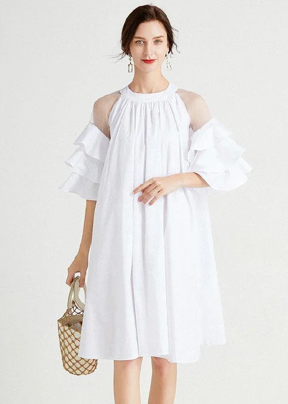 Women's Sporty Clothes French White Hollow Out Ruffles Summer Cotton Holiday Dress