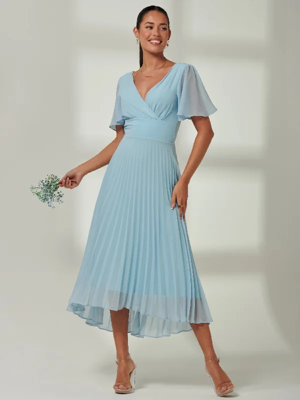 Women's Clothes For Special Occasions Elene Pleated High Low Chiffon Maxi Dress, Ice blue