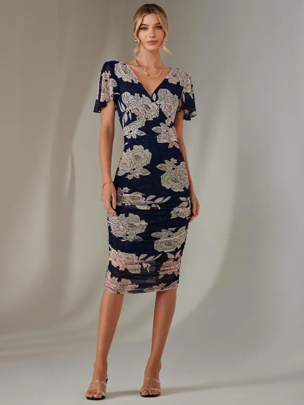 Women's Office Clothing Angel Sleeve Ruched Bodycon Dress, Navy Floral