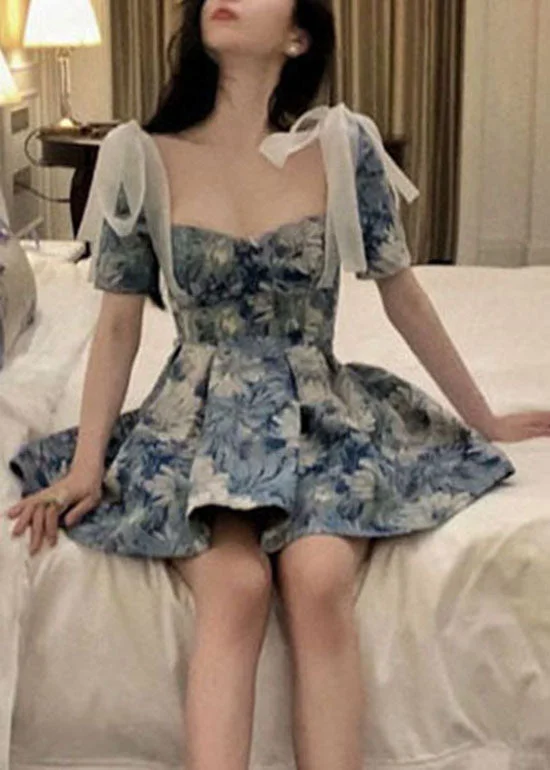 Women's Occasion Wear Clothes Slim Fit Blue Bow Cinched Print short Dresses Short Sleeve