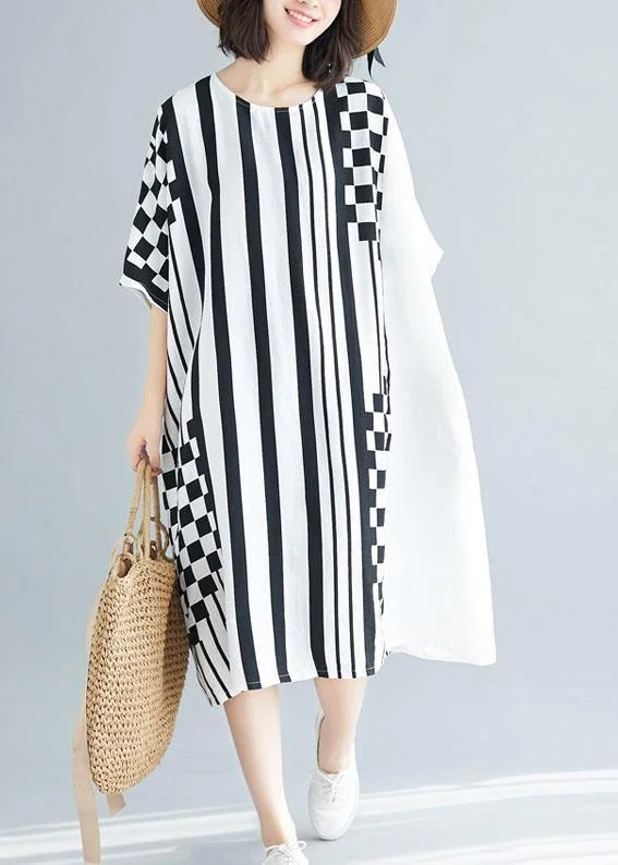 Women's Clothing For Travel Organic o neck asymmetric Cotton white striped Dress summer