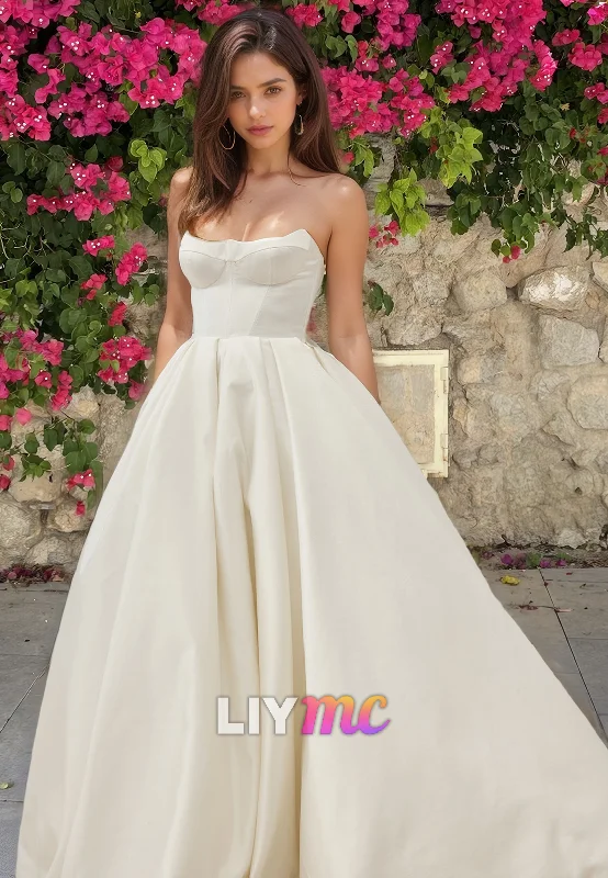 Affordable Women's Clothing Semi-Sweetheart Strapless Pleated A-Line Wedding Dress