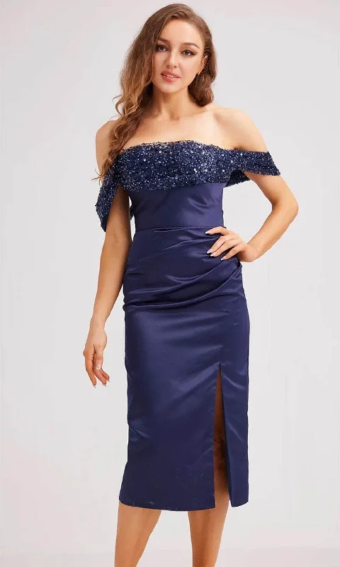 Sophisticated Women's Fashion J'Adore Dresses J23061 - Sequin Embellished Off-Shoulder Knee-Length Dress Sophisticated Women's Fashion J'Adore Dresses J23061 - Sequin Embellished Off-Shoulder Knee-Length Dress