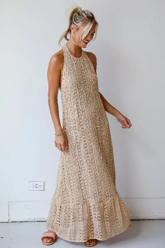 Women's Casual and Dressy Outfits FINAL SALE - Divine Intentions Taupe Crochet Knit Halter Maxi Dress