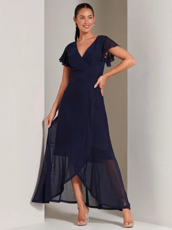 Casual Chic Women's Clothes Racquell Plain Frill Mesh Maxi Dress, Navy