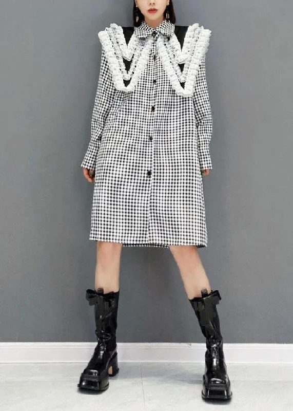 Women's Party Clothes Italian Grey Plaid PeterPan Collar Button Dresses Fall Long Sleeve