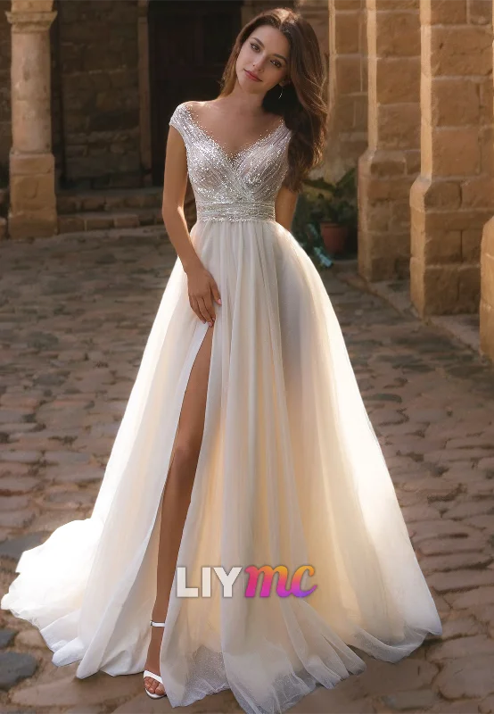 Timeless Women's Clothing V-Neck Sleeveless Sequins Tulle A-Line Wedding Dress