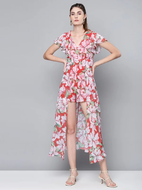 Women's Clothing With Trendy Designs Red Floral Maxi Romper