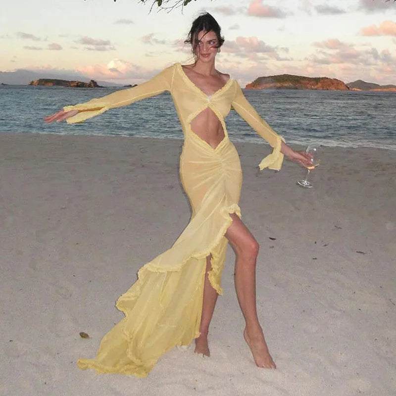 Women's Casual Wear Clothes Elegant Yellow See Through Ruched Summer Long Sleeve Maxi Dress