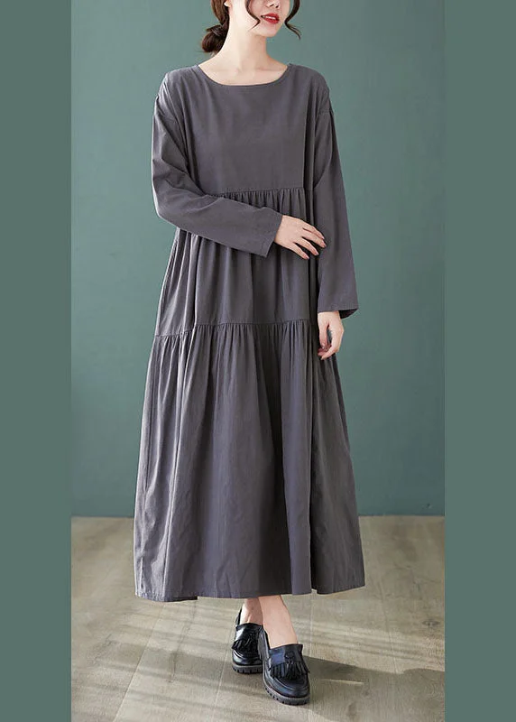 Chic Clothing For Women Fashion Grey Loose Pockets wrinkled Fall Vacation Dresses Long sleeve