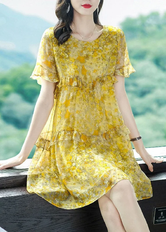 Women's Clothes Online Shopping Elegant Yellow O-Neck Patchwork Ruffles Print Chiffon Holiday Dress Summer Women's Clothes Online Shopping Elegant Yellow O-Neck Patchwork Ruffles Print Chiffon Holiday Dress Summer