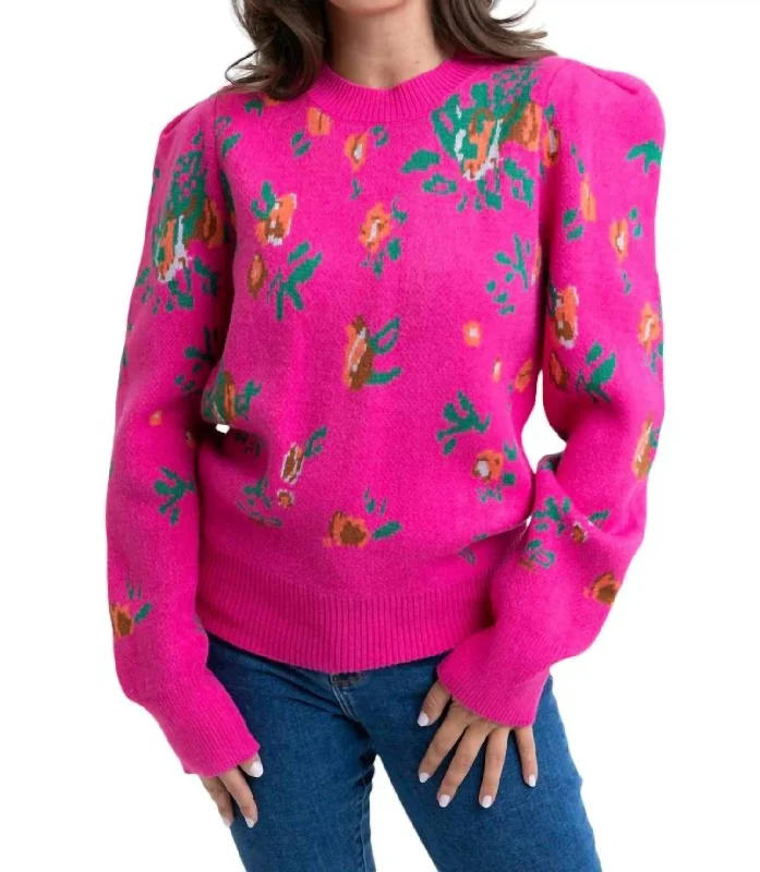 Women's Sporty Clothes Floral Puff Sleeve Sweater In Pink