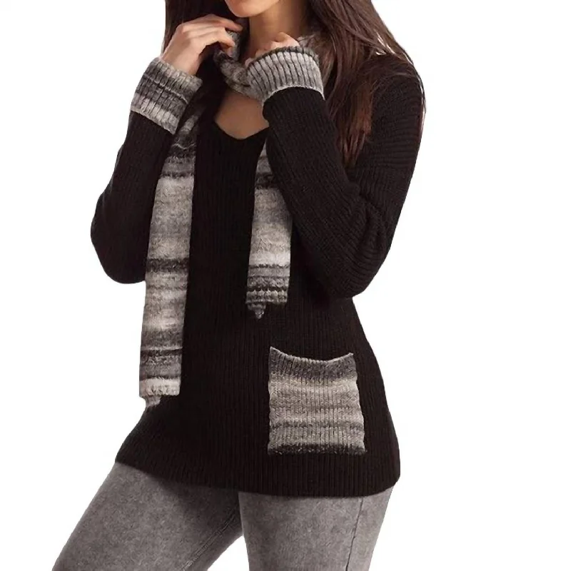 Fashion-Forward Women's Clothing Emilia Ribbed V-Neck W/ Scarf In Black Multi