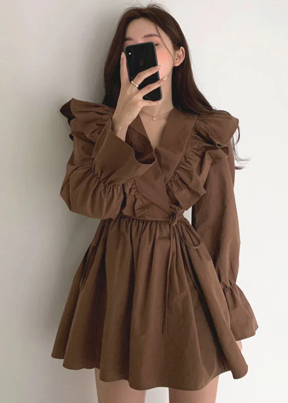 Women's Clothing for Every Season and Trend Modern Chocolate V Neck Ruffles Tie Waist Cotton Vacation Dress Spring Women's Clothing for Every Season and Trend Modern Chocolate V Neck Ruffles Tie Waist Cotton Vacation Dress Spring