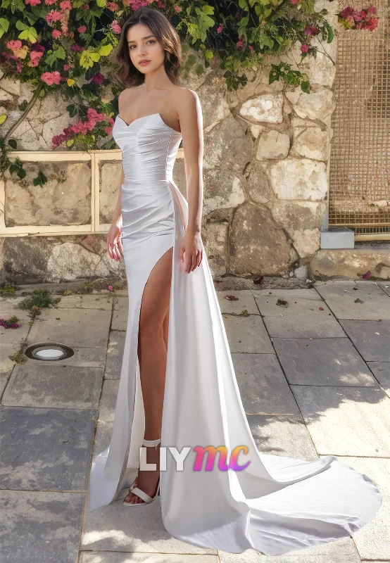 Women's Casual Wear Clothes V-Neck Straps Ruched High Slit Beach Wedding Dress