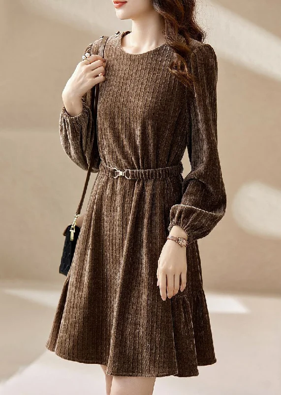 Women's Casual Clothing For Lounging Women Coffee O Neck Sashes Patchwork Silk Velour Mid Dress Spring