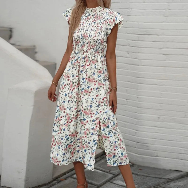 Women's Clothing For Travel Elegant Floral Print O-neck Short Sleeve Elastic High Waist Split Midi Dress