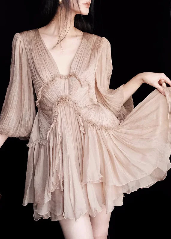 Women Wear Brands French Coffee V Neck Ruffled Patchwork Chiffon Short Dress Lantern Sleeve Women Wear Brands French Coffee V Neck Ruffled Patchwork Chiffon Short Dress Lantern Sleeve