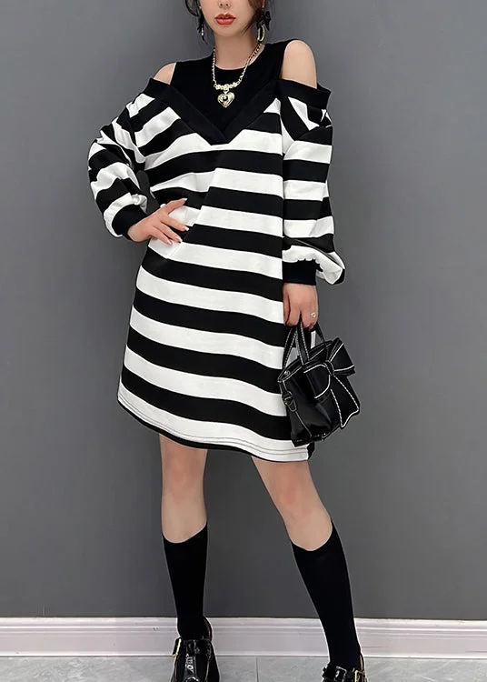 Trendy Women's Outfits for Casual Wear Striped O-Neck Fake Two Pieces Knit Mid Dresses Winter Trendy Women's Outfits for Casual Wear Striped O-Neck Fake Two Pieces Knit Mid Dresses Winter