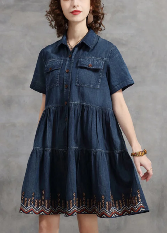 Formal Clothing For Women Beautiful Denim Blue Peter Pan Collar Embroideried Cotton Shirt Dress Short Sleeve