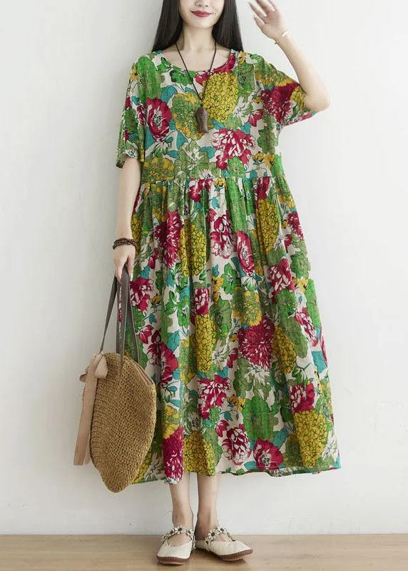 Chic Clothing For Women Casual Green O-Neck Patchwork Print Fall Ankle Dress Half Sleeve