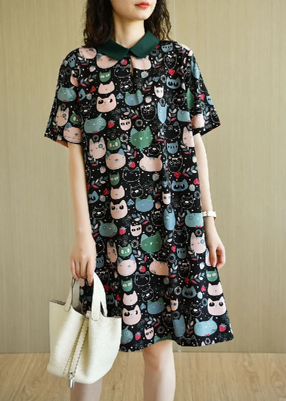 Women's Comfortable Clothes For Weekends Diy Black Peter Pan Collar Zippered Cat Print Chiffon Mid Dress Short Sleeve