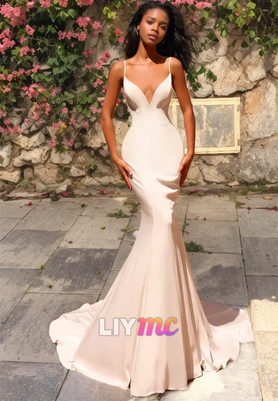 Affordable Women's Clothing V-Neck Spaghetti Straps Sleek Mermaid Wedding Dress