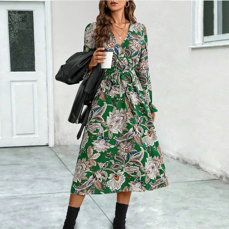 Women's Clothing For Holiday Travel Elegant Floral Cross V-neck Flare Sleeves Lace-up Midi Dress