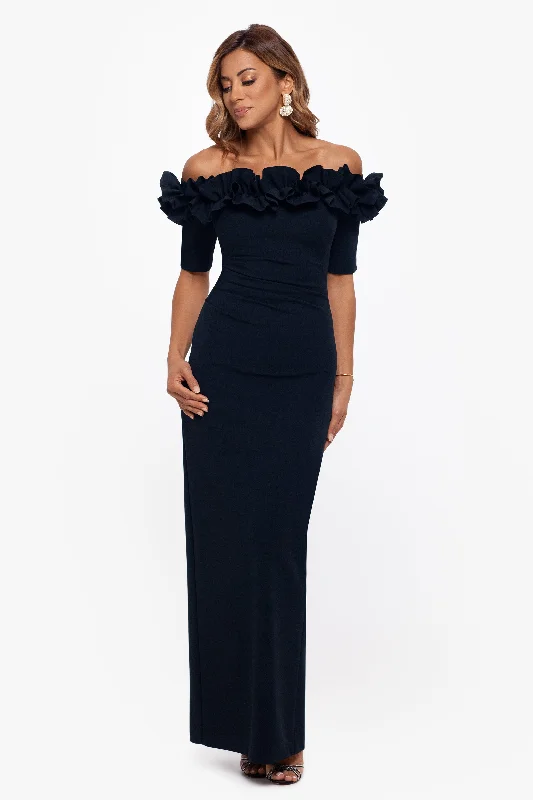 Flash Sale Event Petite "Isla" Long Scuba Crepe Off the Shoulder Ruffle Top Dress